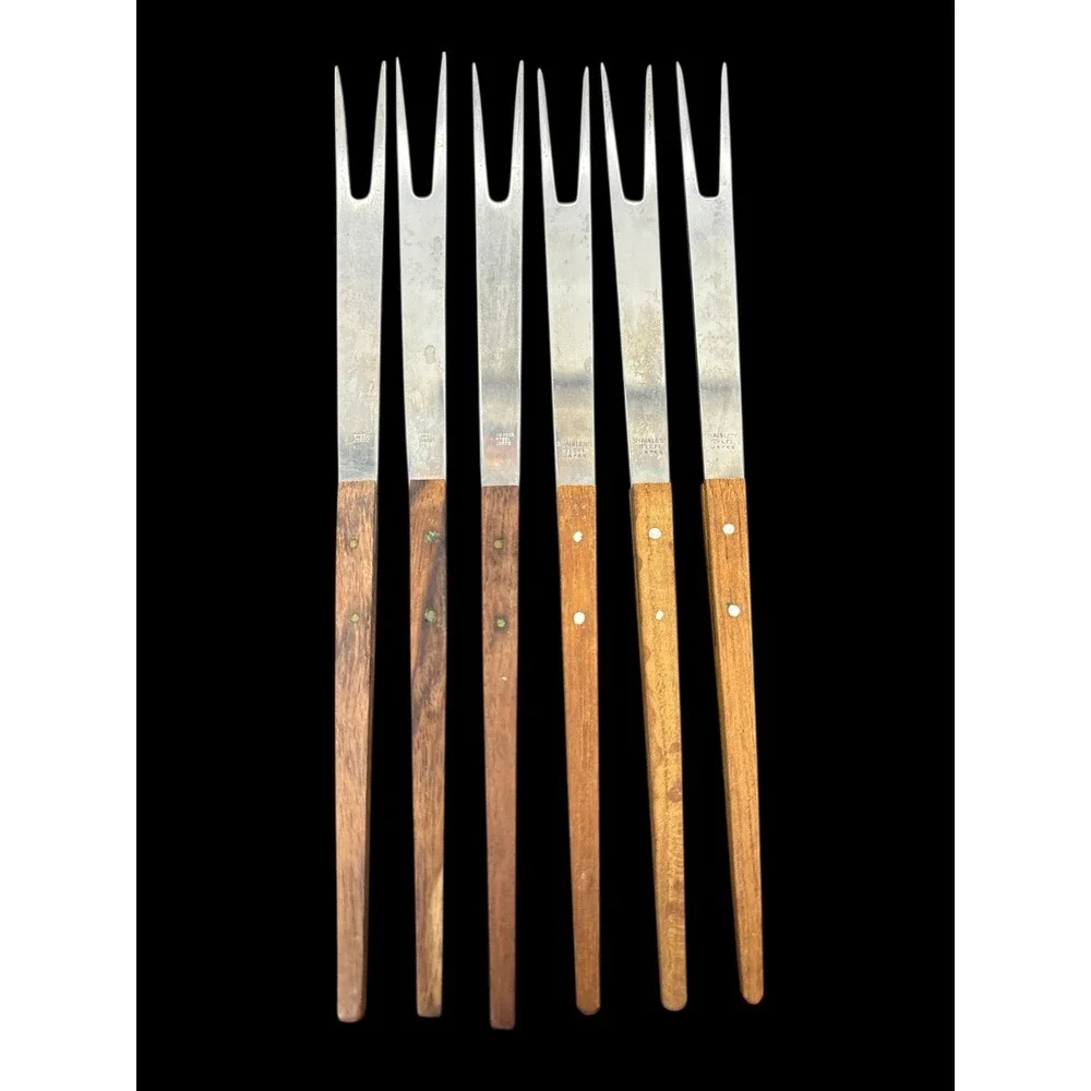 12 Vintage Stainless Steel Wood Handle Fondue‎ Forks Japan Retro 2 Tines